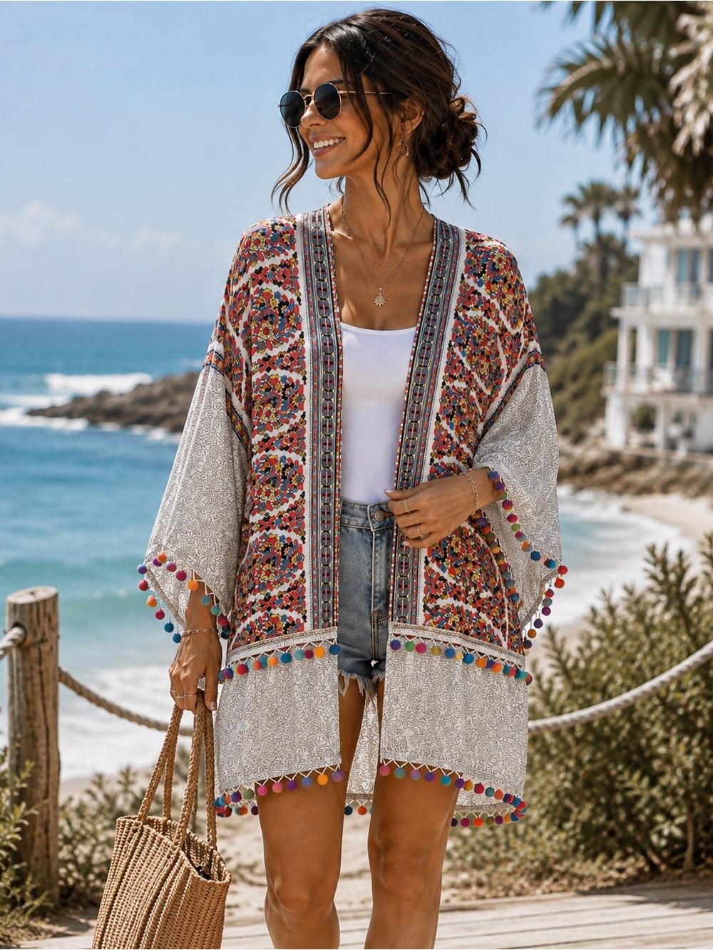 Umgee USA Boho Floral Pom Pom Kimono Cover Up Open Front S/M Resort Festival